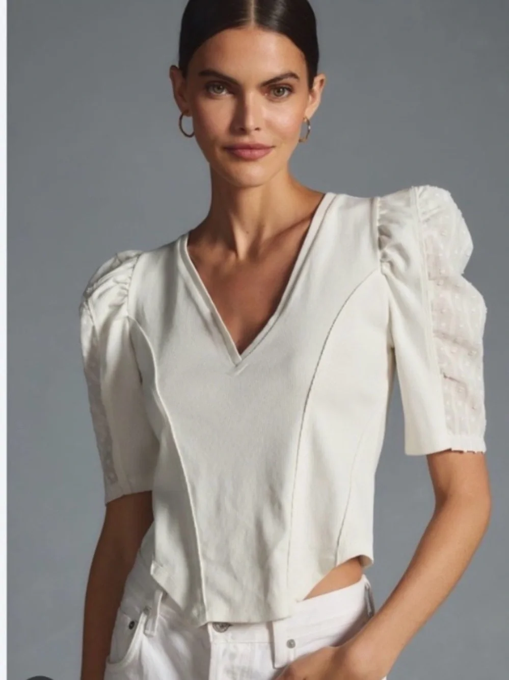 Anthropology V-Neck Puff Sleeve White Top XXS